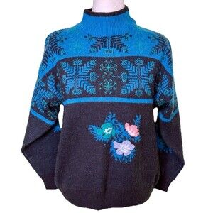 Vintage Women's Blue Apres Ski Lodge Sweater Mock Neck Fair Isle Nordic Size Med